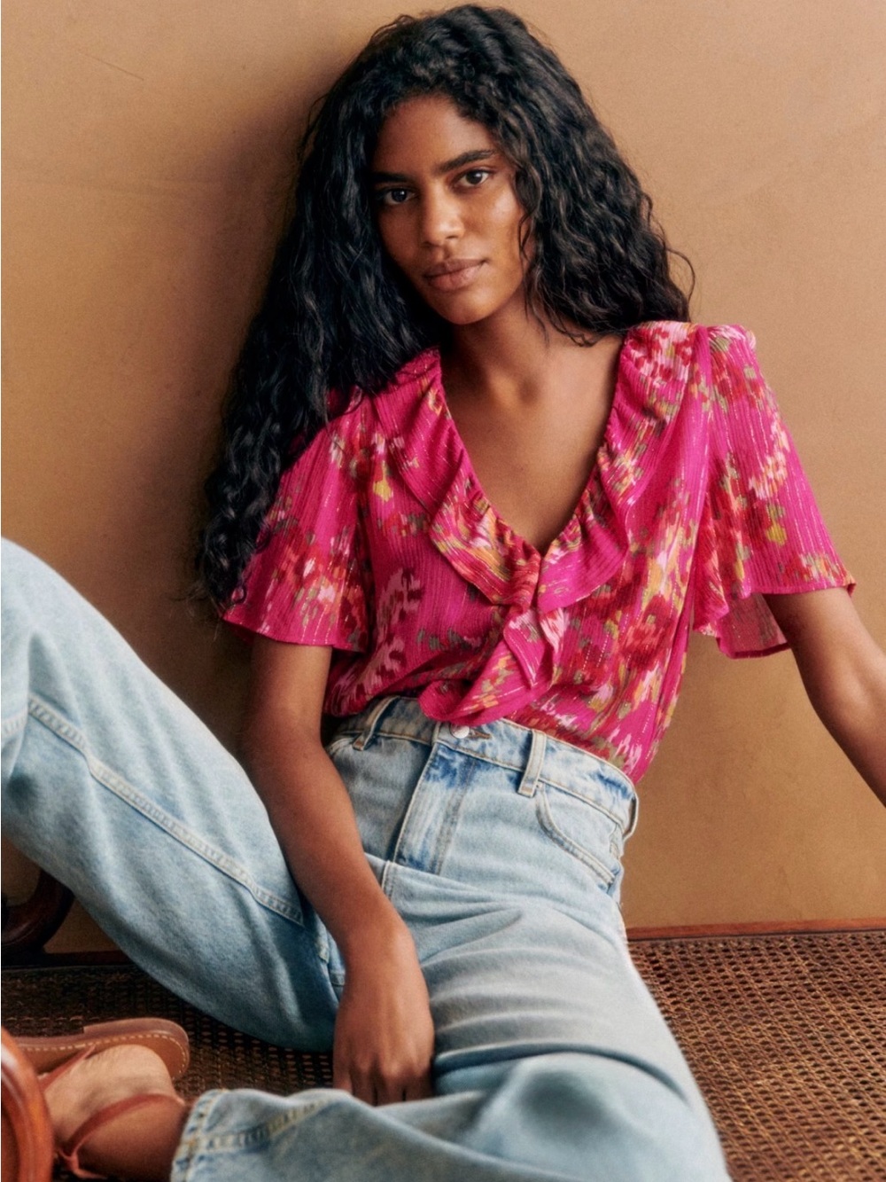 Sézane “Jasmine” Pink Floral Ruffle V-Neck Blouse